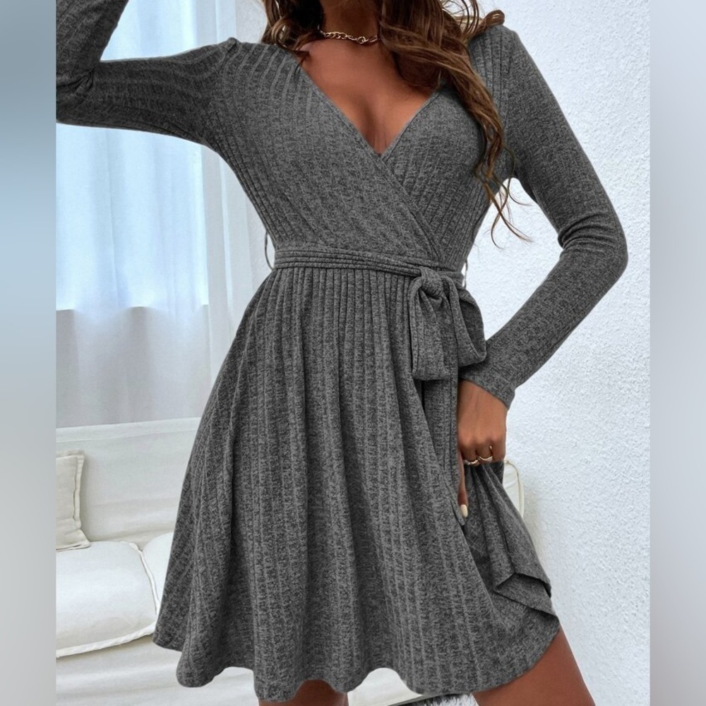 Grey Rolla Coaster Waffle Knit Soft Dress Size M